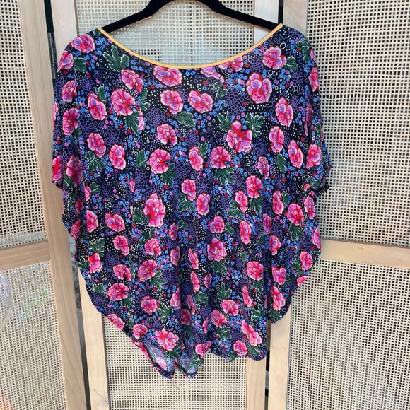Anthropologie Ric Rac Blouse Women Small Black Pink Floral Flutter Sleeve Top - Picture 6 of 7